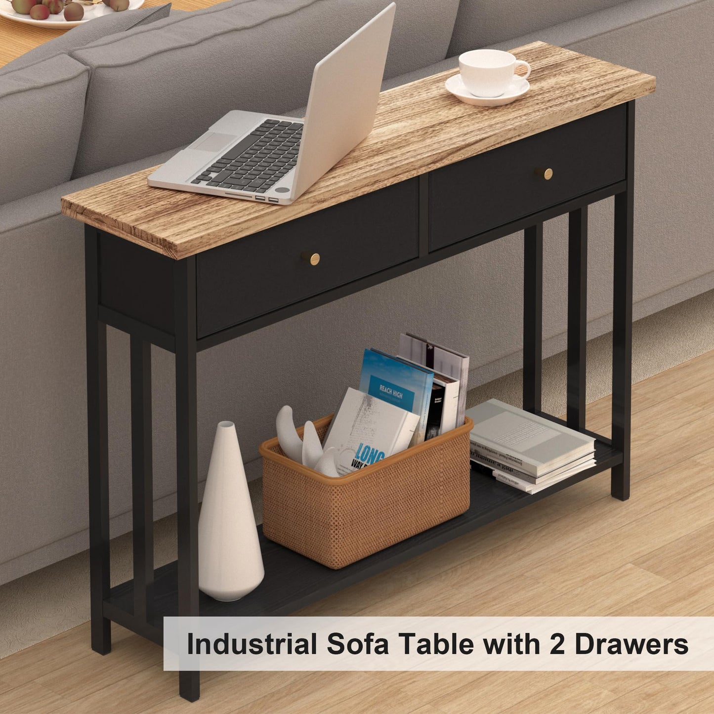 FLYJOE Solid Wood Console Table with 2 Fabric Drawers, 42" Entryway Table with Storage Shelves, Sofa Table for Entryway, Hallway, Living Room, Kitchen or Behind Couch in Foyer, Black