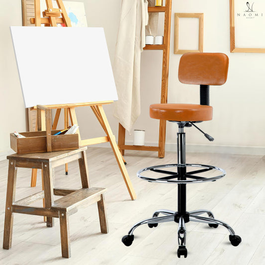 Upgrade Your Workspace with Venus Adjustable Drafting Stool - Premium Leather, Rolling Wheels, Adjustable Height, Backrest, Office Stool, Tall Office Chair for Efficient Workstations - Caramel
