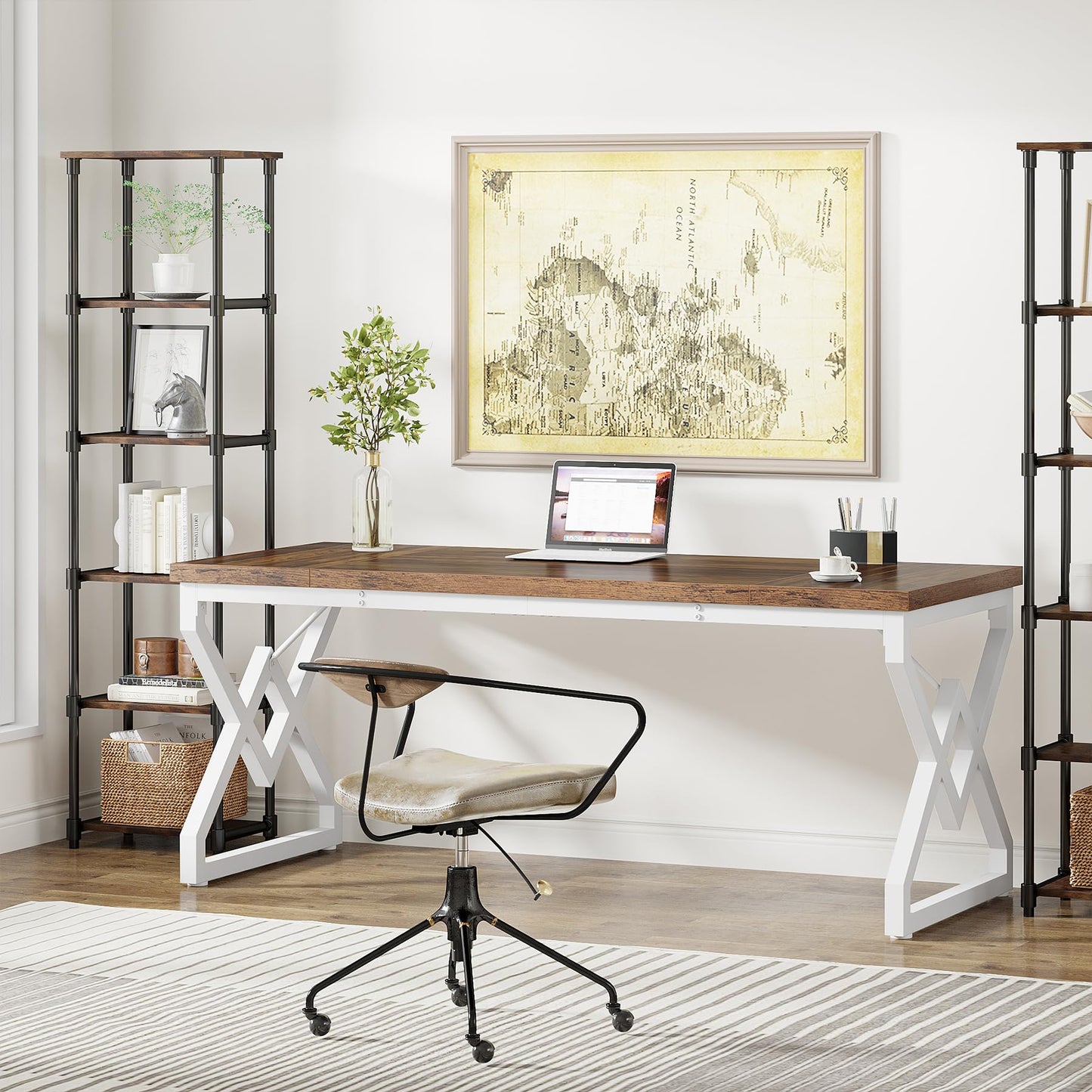 Tribesigns 63 Inch Executive Desk, Large Office Desk with Metal Frame, Ergonomic Writing Desk Computer Workstation, Modern Wood Computer Desk for Home Office, Easy Assembly (Brown+White)