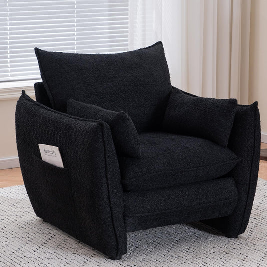 Cudalw Accent Chairs for Living Room, Oversized Armchair with Side Pockets, Mid Century Modern Reading Chair, Ergonomic Comfy Single Sofa Chair for Office, Apartment, Small Space Black