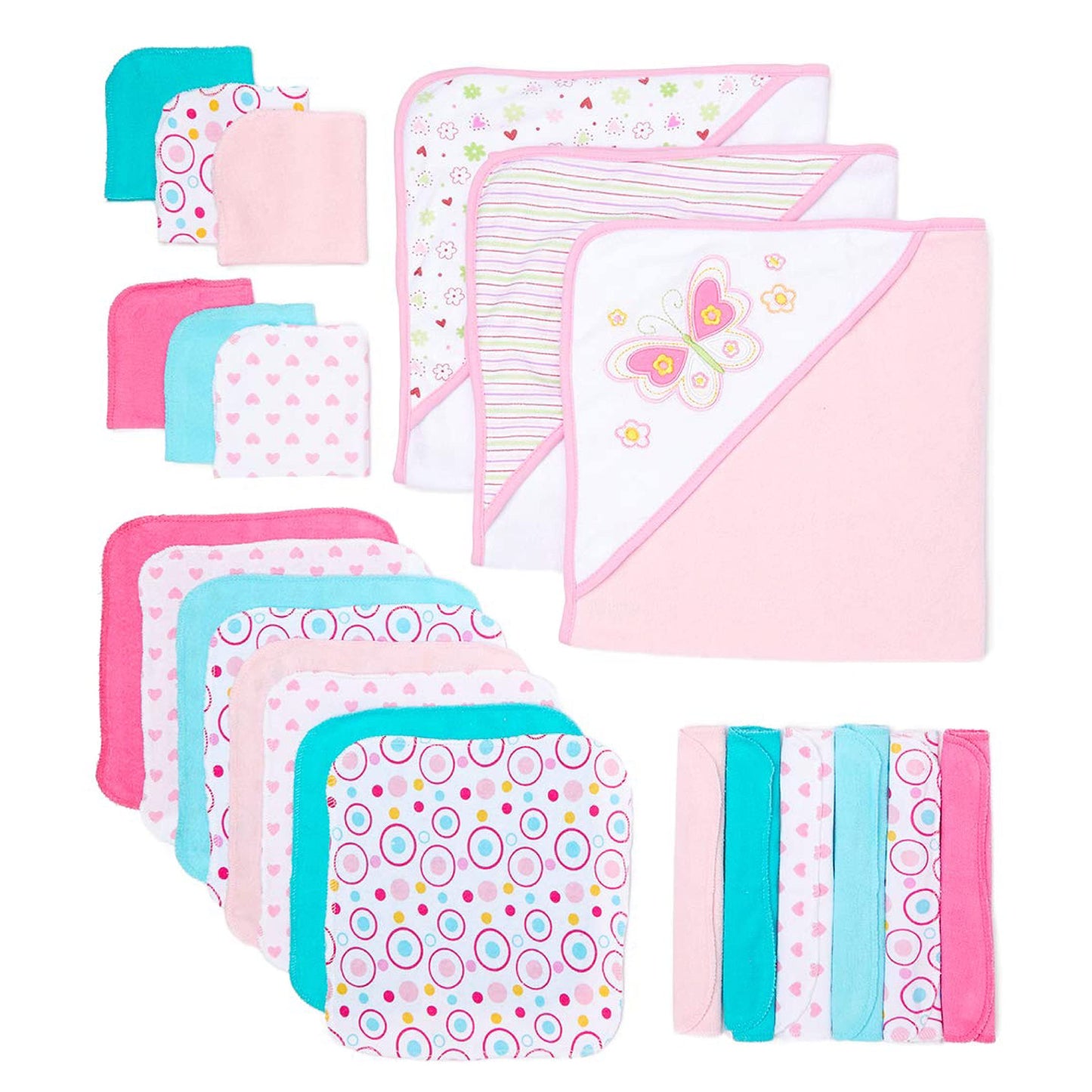 Spasilk Bath Hooded Towels & Washcloths Set for Babies, 23-Piece Gift Set, White Butterfly
