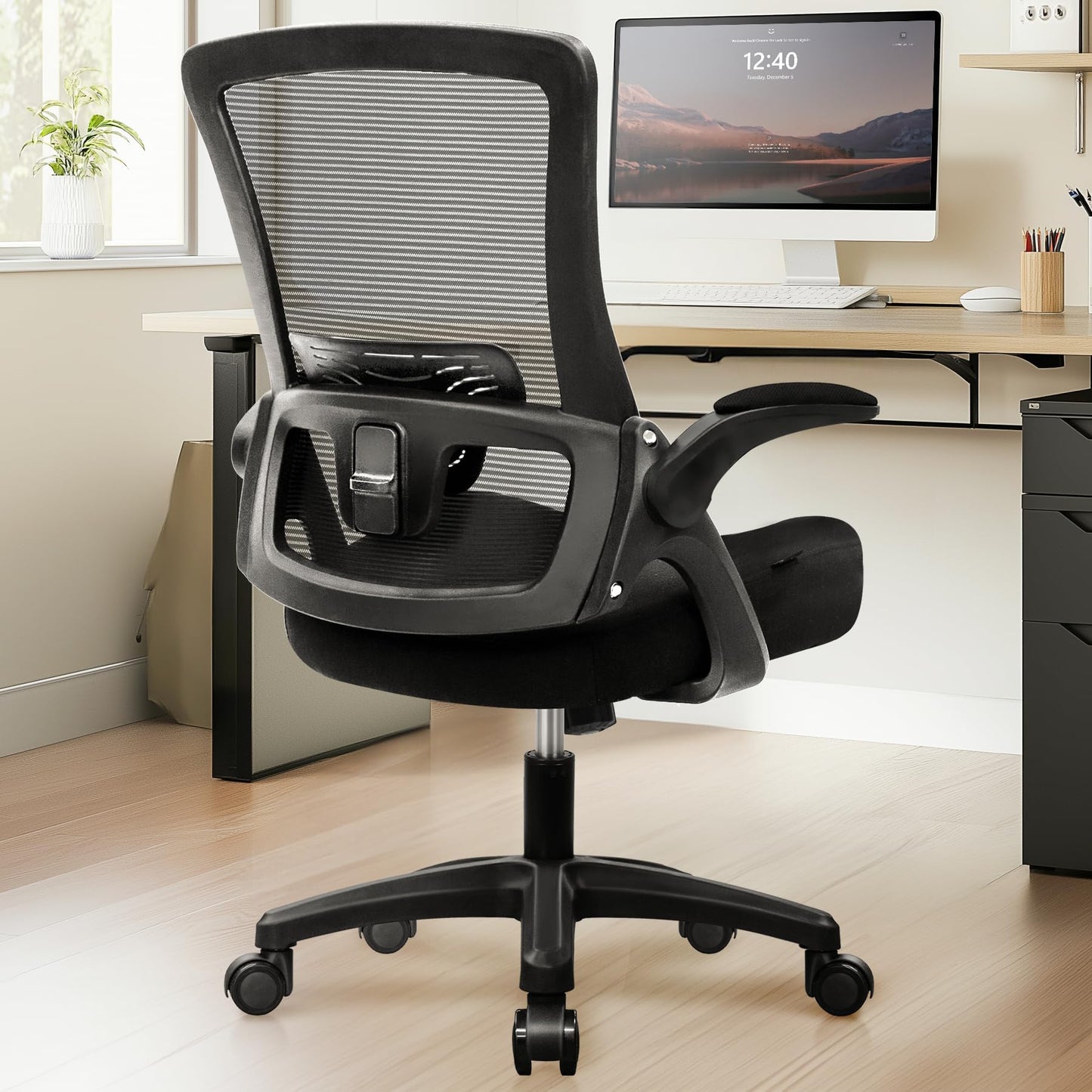 NEO CHAIR Office Desk Chair Computer High Back Mesh Gaming Seat with Ergonomic Adjustable Comfy Flip-up Armrests Lumbar Support Height for Home (Black)