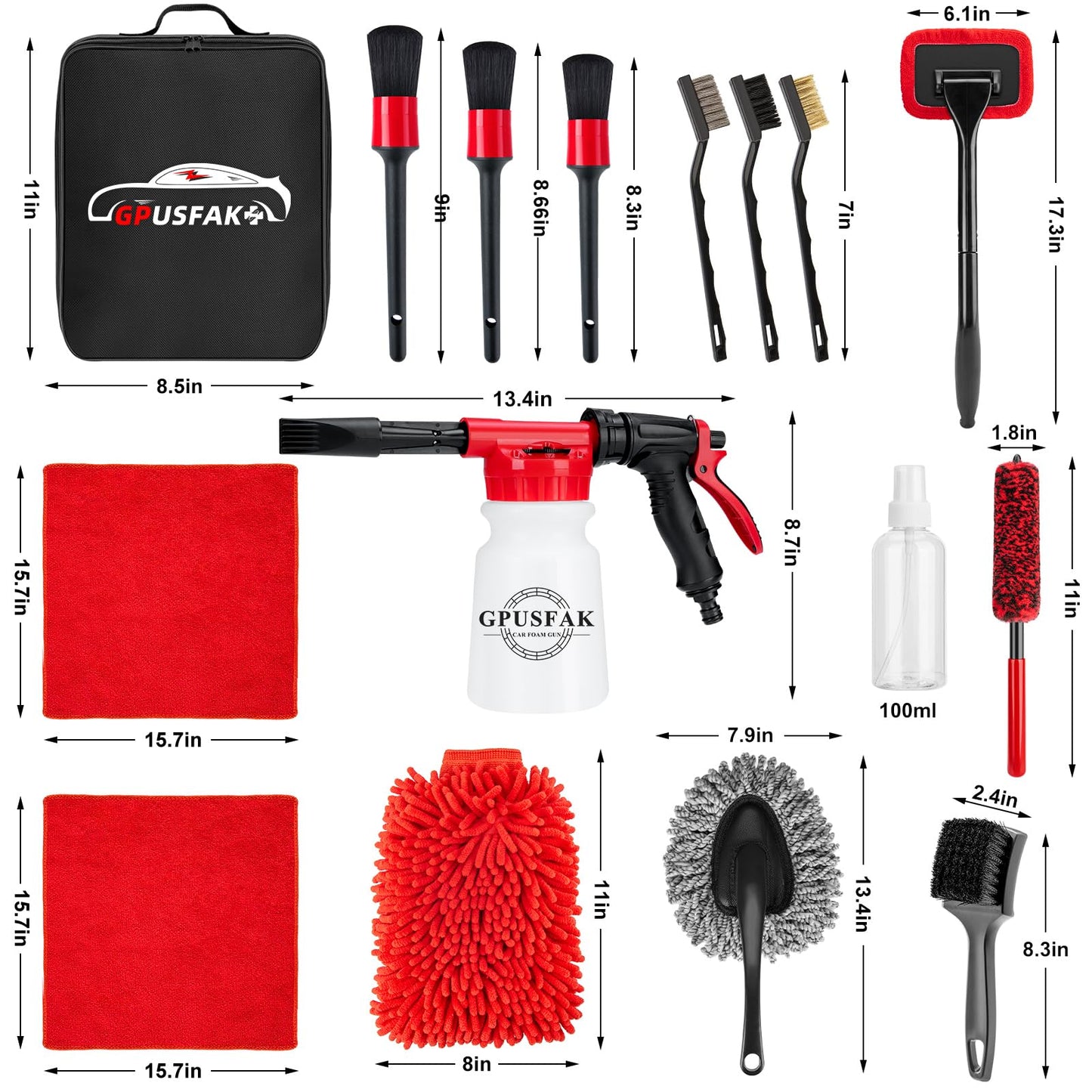 GPUSFAK 16Pcs Car Wash Cleaning Kit with Foam Gun Sprayer Detailing Brushes Windshield Cleaning Tool Rim and Tire Brush Towels Complete Interior Exterior Detailing Set for Car