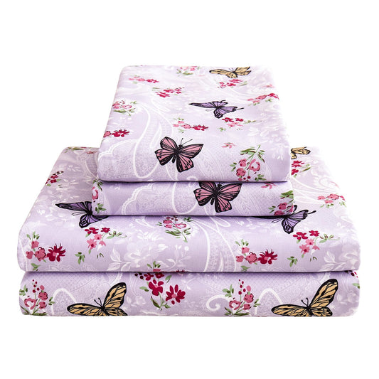 Paisley Floral Bed Sheets Queen Set, Purple Flower Printed Sheets for Queen Size Bed, Microfiber Fitted Sheet with 15" Deep Pocket and Corner Straps, Butterfly Patterned Sheet & Pillowcase Sets
