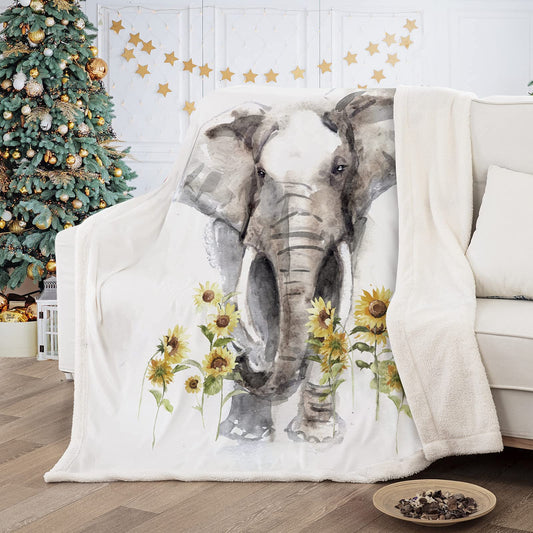 Elephant Blanket Sherpa Fleece Throw, Sunflower Gifts for Women Adults, Super Soft Warm Cozy Plush Bed Throws for Couch Sofa 50" x60"