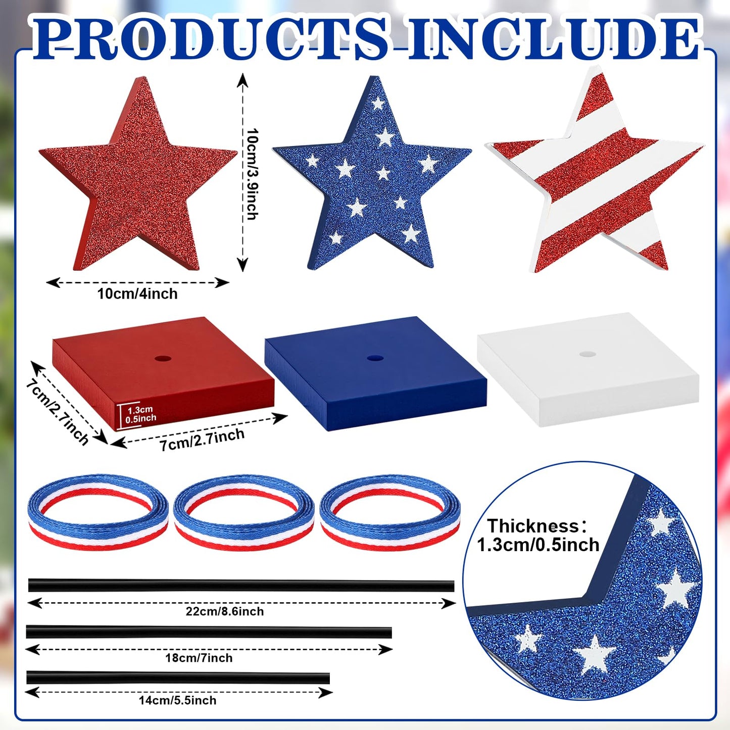 4th of July Tiered Tray Decor Wooden Star Set, 3 Pcs Memorial Day Table Decorations, Rustic Patriotic Tabletop Home Decor, Red White and Blue Decorations for Home (Shiny)