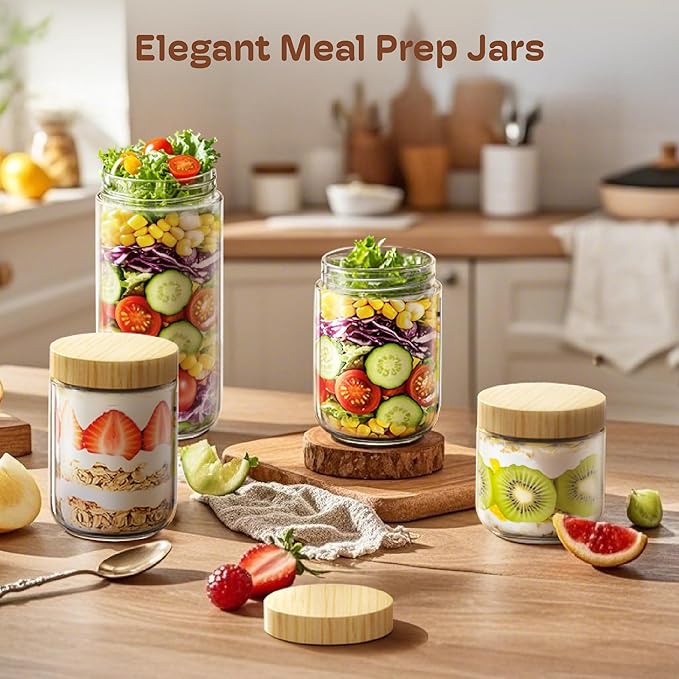 4 pack 24oz Overnight Oats Containers with Bamboo Lids, Glass Jars with Airtight Lids for Meal Prep, Wide Mouth Mason Salad Jars, Glass Food Storage Container for Yogurt Chia Snacks Spice Sugar