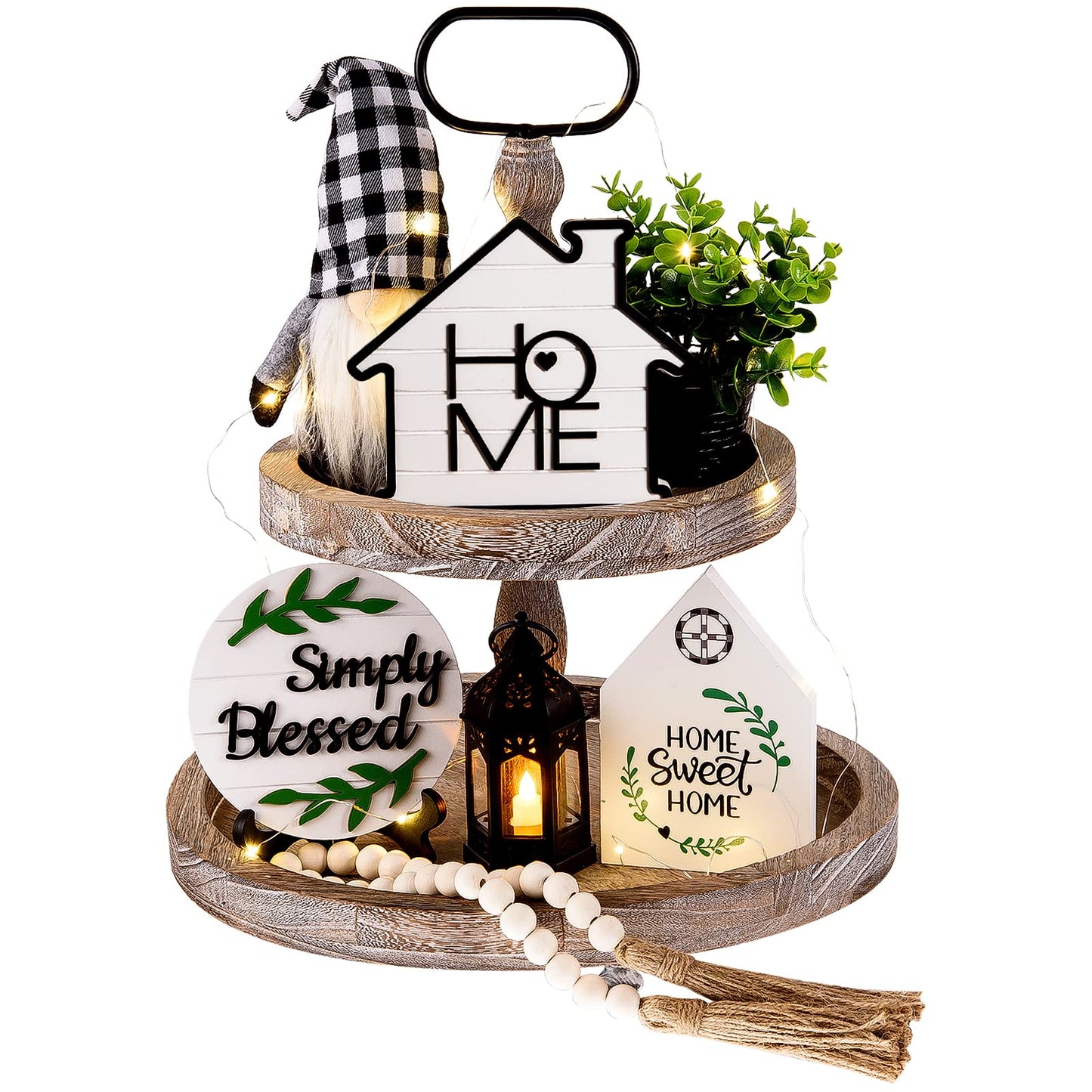 10 Pcs Farmhouse Tiered Tray Decor Rustic Wooden Home Decor Wood Bead Garland Sweet Wooden Sign with Artificial Succulents Plants Mini Candle Lantern for Farmhouse Home Kitchen(Tray Not Included)