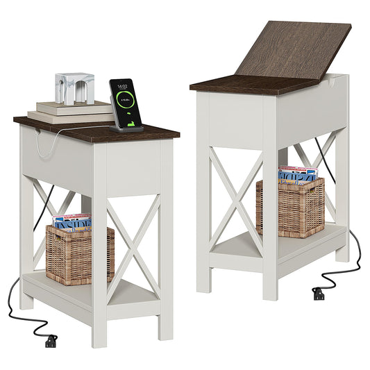 ChooChoo End Table with Charging Station, Narrow Flip Top Side Table with USB Ports & Power Outlets for Small Spaces, Nightstand Sofa Table for Living Room, Bedroom, White and Brown, 2 Pack