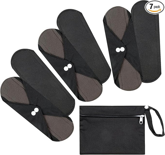 7pcs Set 1 pc Mini Wet Bag +6pcs Absorbent Reusable Sanitary Pads/Washable Cloth Menstrual Pads(Black,S)