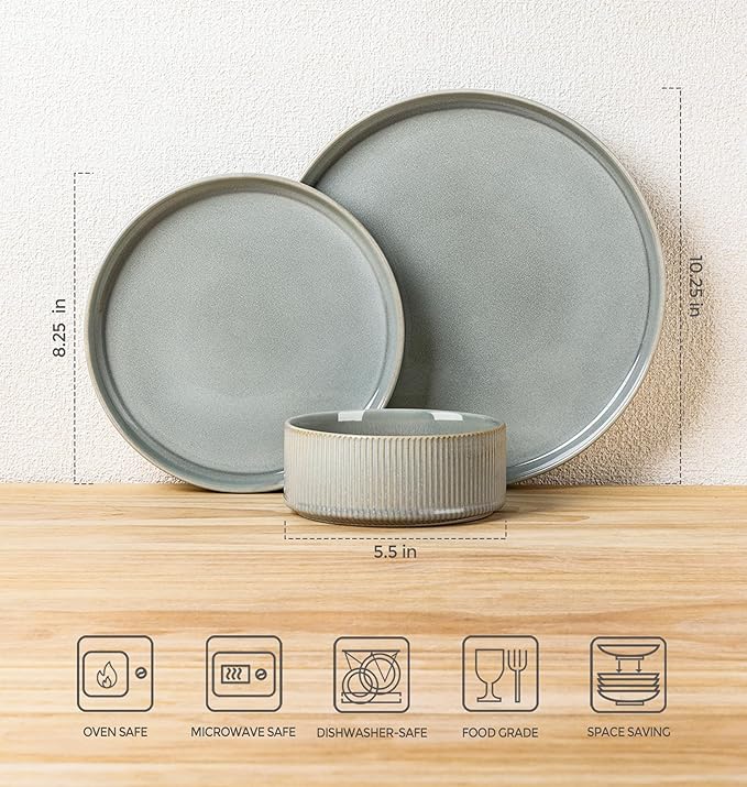 TheTerra Ceramic Dinnerware Sets for 4, 12 Pieces Porcelain Lightweight Plates and Bowls Sets, Scratch Resistant Dish Set, Oven & Microwave & Dishwasher Safe, Desert Sage