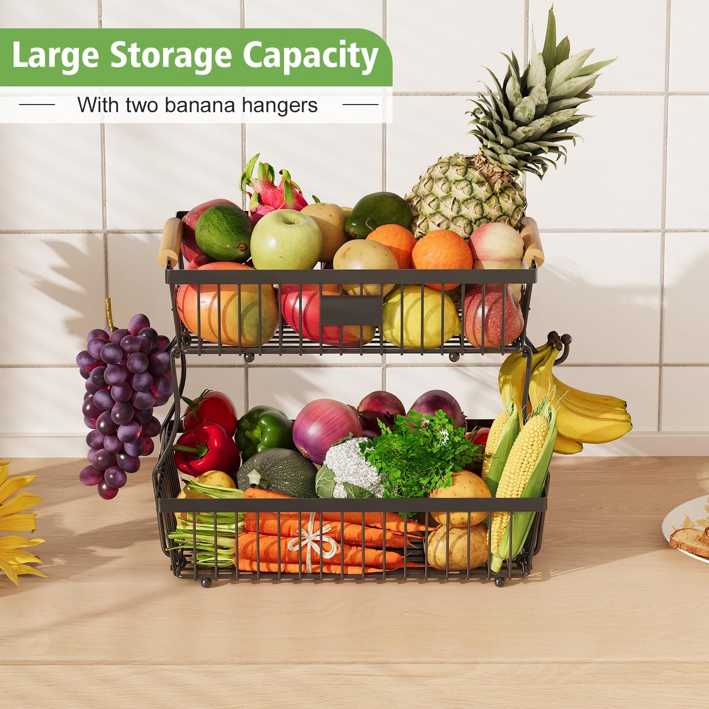 Astrorhine 2 Tier Fruit Basket for Kitchen with 2 Banana Hangers, Detachable Metal Fruit Bowl for Kitchen Counter with Wooden Handle, Large Capacity Storage Stand for Bread Snack Fruit Veggies, Black