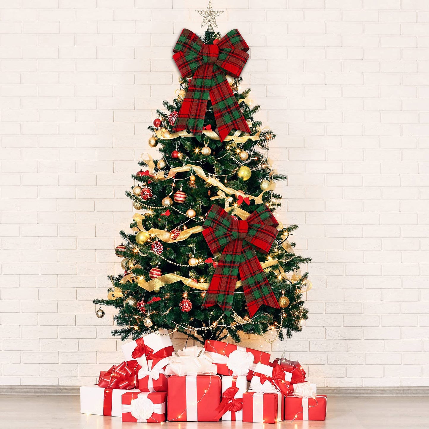 Aneco 6 Pack Red and Green Buffalo Plaid Christmas Wreaths Velvet Bows for Indoor and Outdoor Decorations