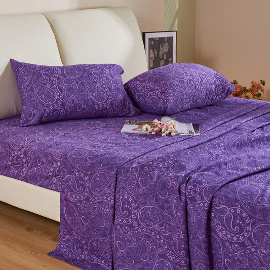 KACEMOO Bed Sheets King Size Purple Paisley Sheets Printed Floral Sheet Set Flower Pattern Deep Pocket Fitted Bed Sheet Set Microfiber Soft Breathable 1800 Thread Count Double Bedding Set