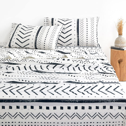 Wake In Cloud - Aztec Bed Sheets, 100% Cotton, 4-Piece Sheet Set, Geometric Western Modern Pattern Neutral Aesthetic Bedding, Deep Pocket, Black White, King Size
