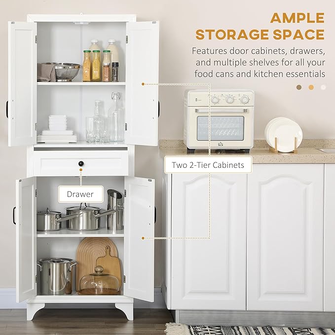 HOMCOM 67" Tall Freestanding Kitchen Pantry Cabinet, 4-Door Storage Cabinet with Drawer and Adjustable Shelves for Dining Room, White