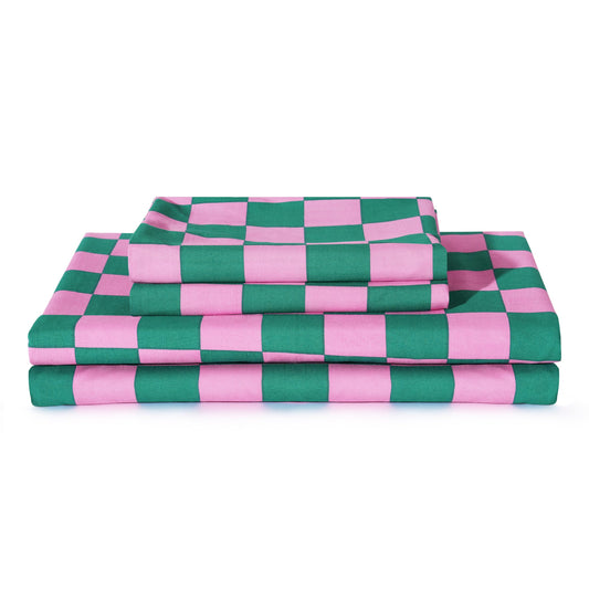 Bed Sheet Set 3 Pieces -Twin Size-Soft Durable Microfiber Bedding Sheet Set,Deep Pocket,Stain,Fade & Wrinkle Resistant (Plaid Pink&Green)