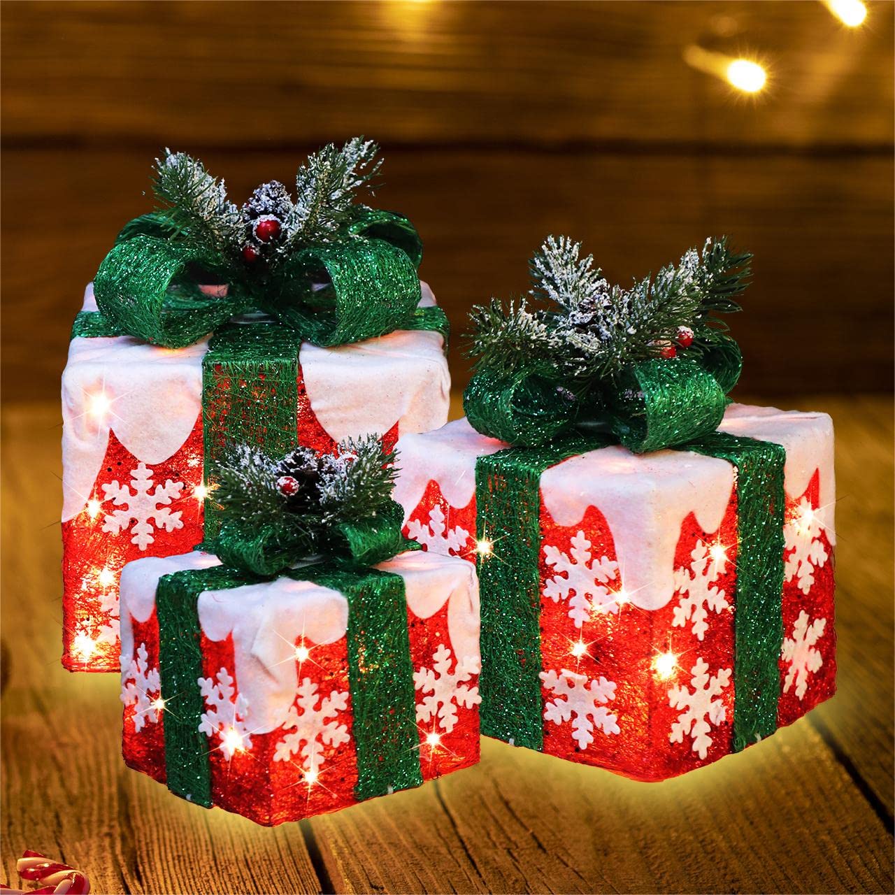 GLOWNOVA [Large 10"x8.5"x6.5" Christmas Set of 3 Lighted Gift Boxes Decorations Pre-lit 70 Super-Bright LED with Flashers,for Indoor Outdoor Christmas Tree Skirt Ornament Pathway Holiday Party Home