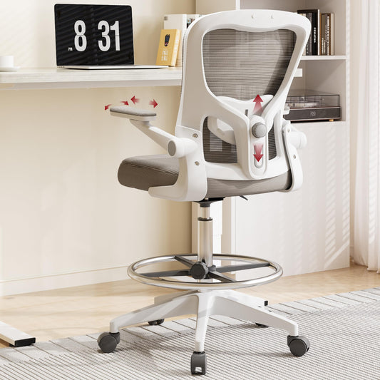 SANODESK Ergonomic Drafting Chair - Standing Desk Chair with Breathable Mesh 2D Lumbar Support 3D Flip up Armrest and Footring Rolling 360° Swivel Computer Chair for Home Office Grey