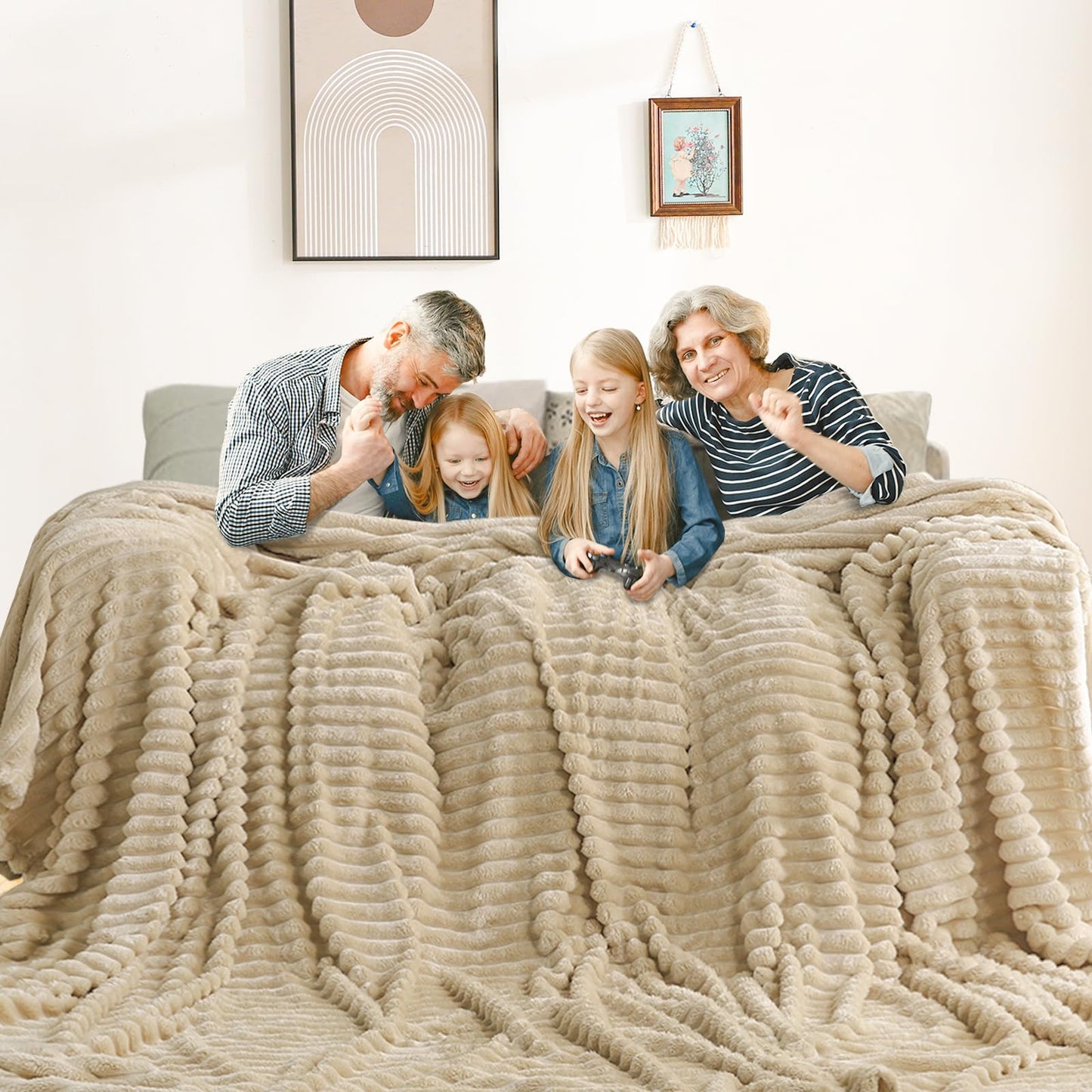 Excervent Solid Oversized Flannel Fleece Blanket (120x120 inches, Camel) Cozy Throw Blankets for Couch Sofa and Bed, King Size 10'X10' Super Soft Luxurious Warm Striped Blankets for Household Bedroom