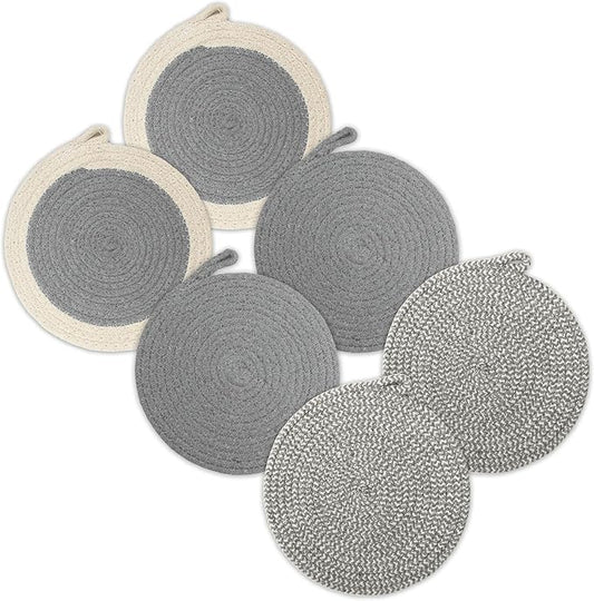Encasa XO Round Trivet Mats for Hot Dishes with Hanging Loop | Grey Combo - Set of 6 with 7 inch Diameter | Cotton Round Thick Heat Resistant Pot Holders | Use Hot Pads Plate Mats for Hot Pots & Pans