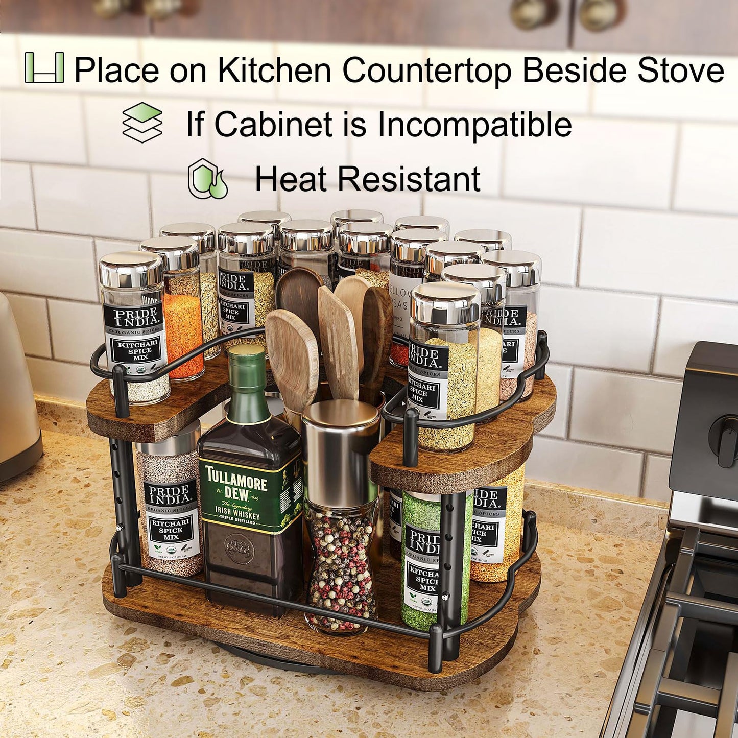Lazy Susan Organizer Spice Rack - Spice Organization for Cabinet Height Adjustable Rotating Lazy Turntable, Pantry Kitchen Wood Revolving Seasoning Organizer, 12 inches, Black