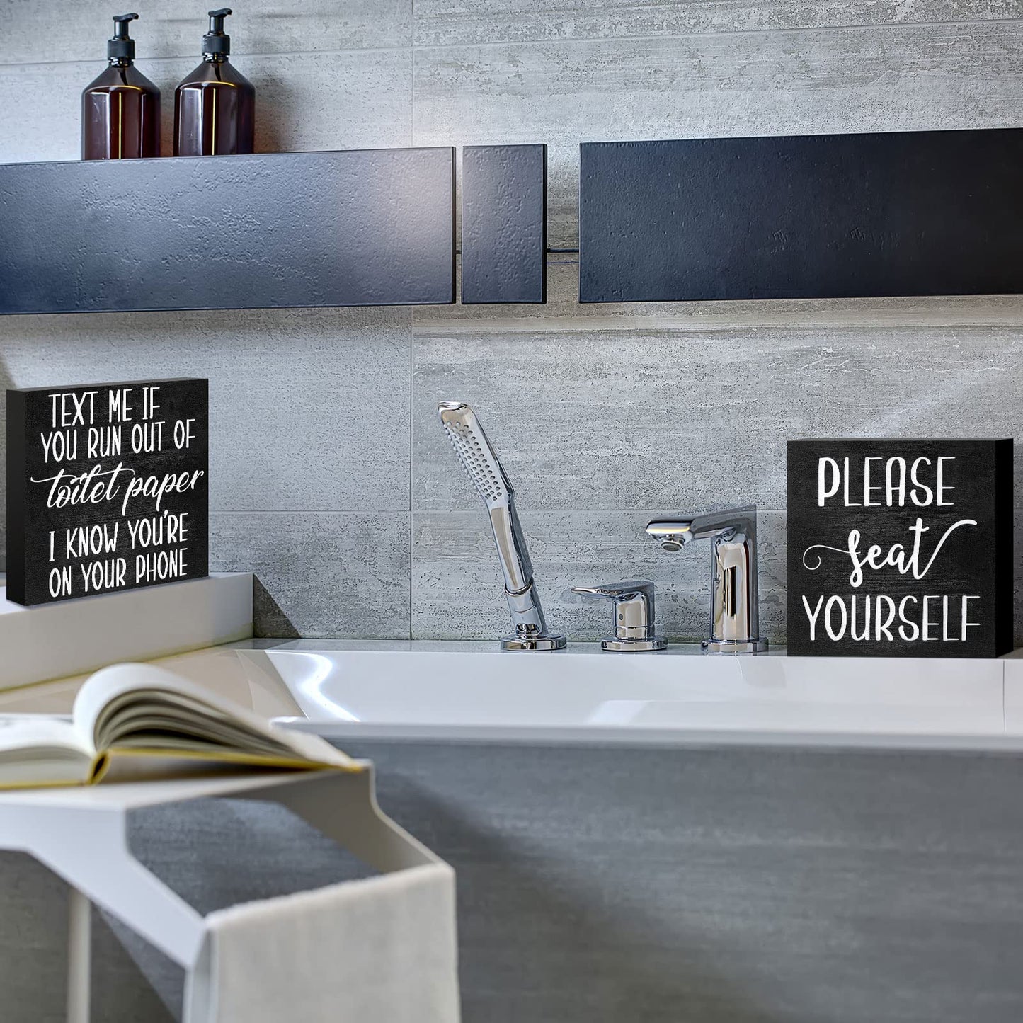 Jetec 2 Pieces Farmhouse Bathroom Signs Decor Wooden Box Sign Funny Bathroom Wall Art Rustic Wood Plaque Please Seat Yourself Decor for Home Restroom(Black)