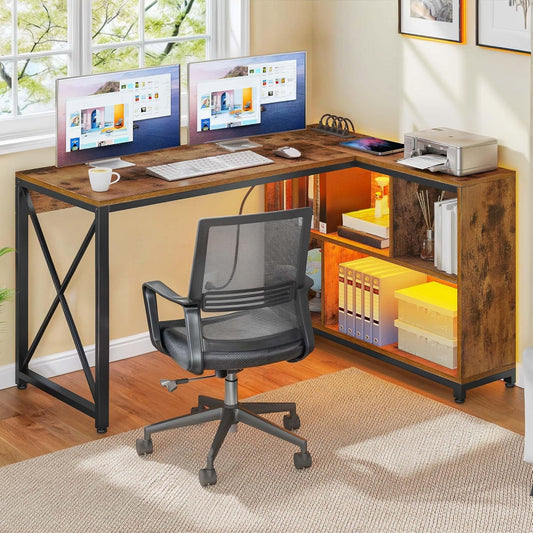 DWVO L Shaped Desk with Power Outlets, 55" Small Computer Desk with Storage Cabinet & LED Lights, Corner Desk Home Office Desk for Small Space, Rustic Brown
