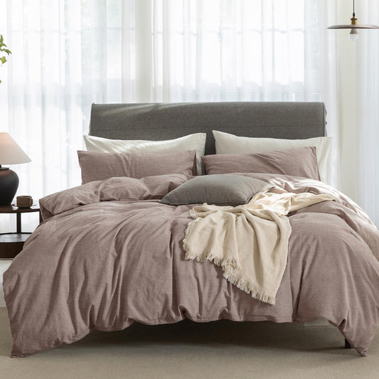 ELIMMO Cooling Queen Duvet Cover Set 3 Pieces-100% Washed Cotton Linen Like Textured Ultra Soft Cozy Bedding with Zipper Closure,Includes 1 Duvet Cover & 2 Pillow Shams(Mauve Brown,Queen 90"x90")