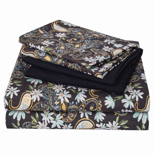 JSD Black Paisley Floral Sheet Set Queen Size 6 Piece, Printed Pattern Soft Microfiber Bed Sheets Extra Deep Pocket