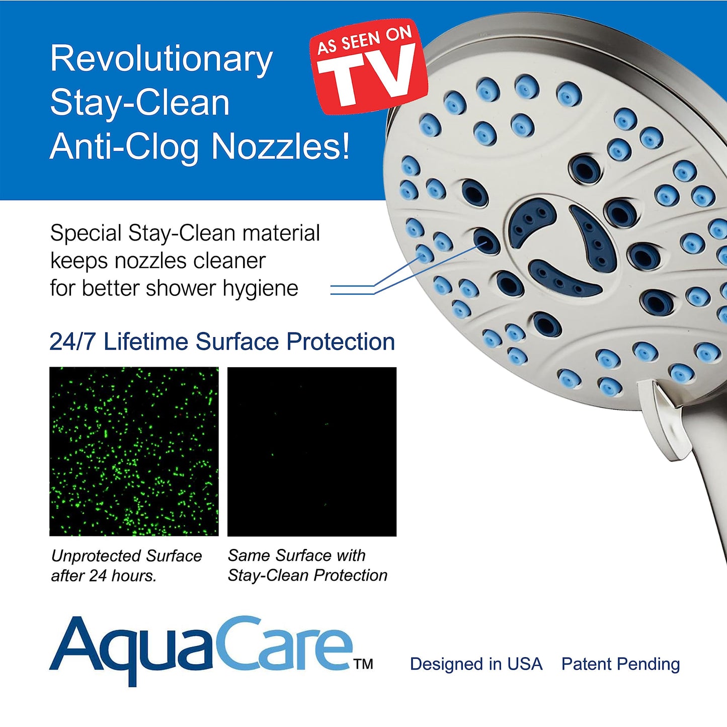 Hotel Spa AquaCare High Pressure 8-mode Handheld Shower Head - Anti-clog Nozzles, Built-in Power Wash to Clean Tub, Tile & Pets, Extra Long 6 ft. Hose, Wall & Overhead Brackets - 1.8 GPM