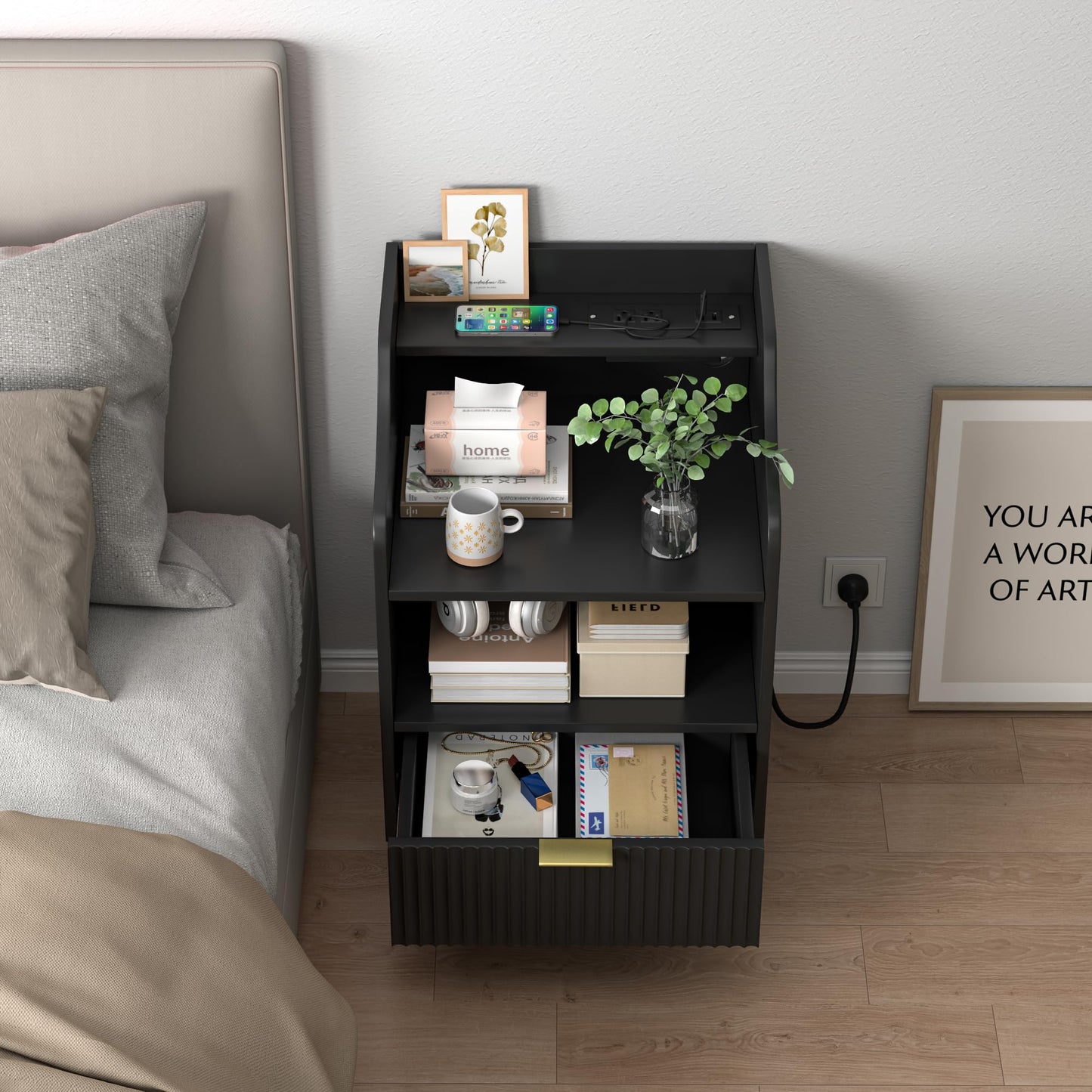 Fluted Nightstand with Charging Station, Modern Side Table with Storage, Wood Fluted End Table with1 Drawers, Bedside Table for Bedroom, Living Room (Black)