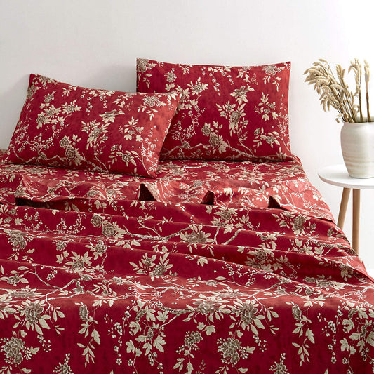 Wake In Cloud - Floral Bed Sheets, 4-Piece Sheet Set, Vintage Flower Shabby Chic Botanical Coquette Cottagecore, Soft Microfiber Deep Pocket Bedding, Red, Queen Size