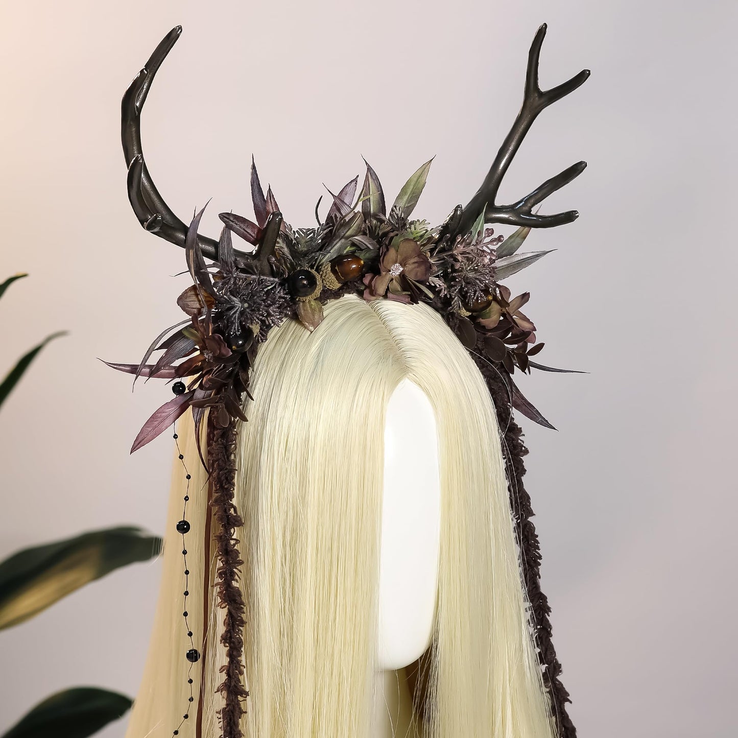 MOSTORY Dark Flower Reindeer Headband - Gothic Floral Antlers Headpiece for Renaissance Accessories Women Dark Fairy Costume, Deer Horns Headband with Vine for Goth Cosplay Renfaire Witch Aesthetic