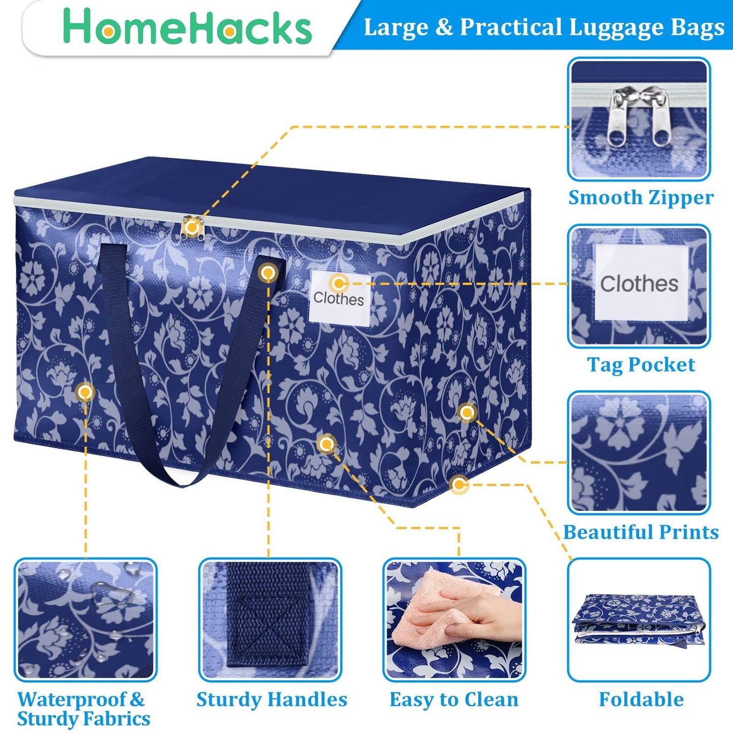 HomeHacks Moving Bags, Extra Large Size Moving Boxes, Heavy Duty Luggage Bags with Smooth Zipper and Sturdy Handles, Large Capacity & Easy Loading Storage Totes for Space Saver 88L, 4-Pack, Blue