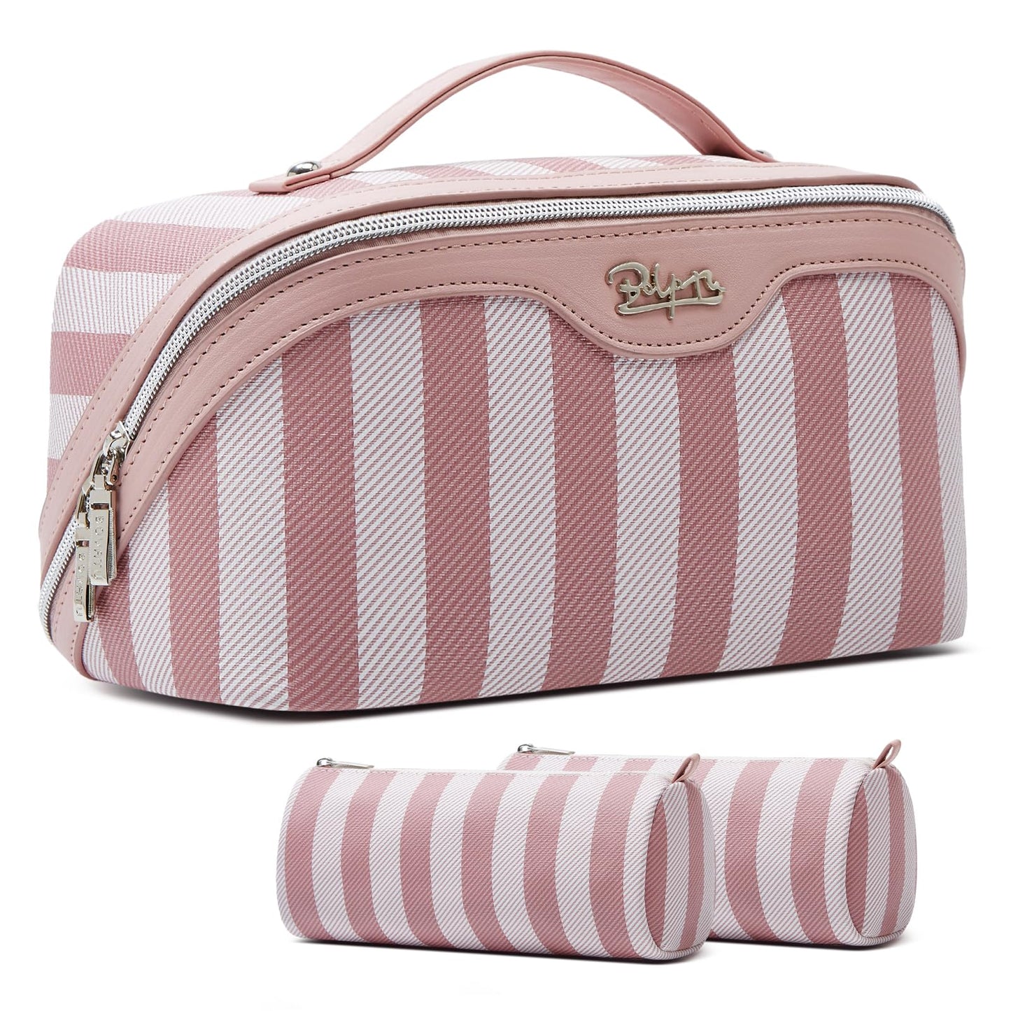 BOYATU Travel Makeup Bag for Women: Large Cosmetic Bag Set of 3 - PU Leather Make up Bag with Compartments - Compact Waterproof Toiletry Bag with Divider & Handle (01Pink)