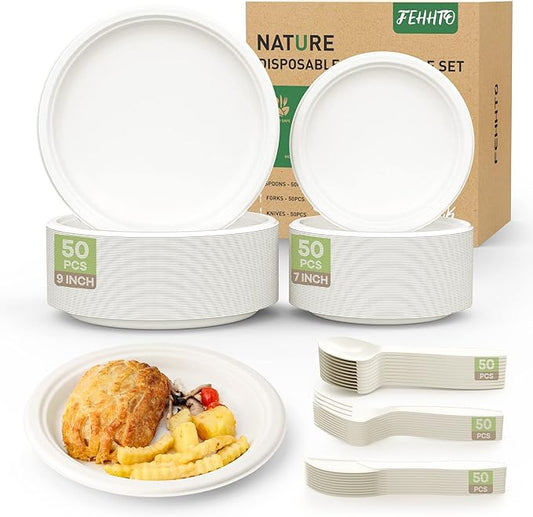 250PCS Disposable Paper Plates Set and Utensils, Compostable Dinnerware 9 and 7inch Plates, Biodegradable Paper Plates, Forks, Knives and Spoons for Party 50 People