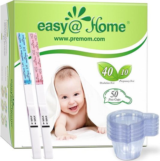 Easy@Home Ovulation & Pregnancy Test Strips Kit: 40 Ovulation Strips and 10 Pregnancy Tests– Accurate Fertility Tracker OPK - Powered by Premom APP | 40LH + 10HCG + 50 Urine Cups