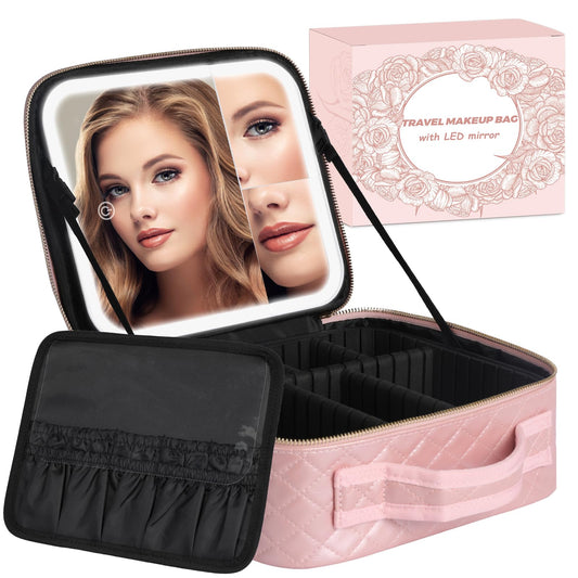 Travel Makeup Bag with LED Mirror, Makeup Organizer Train Case with 1X,2X,3X Vanity Mirror, Adjustable Brightness in 3 Color Settings, Portable Make up Bag with Makeup Brush Holder Storage, Pink