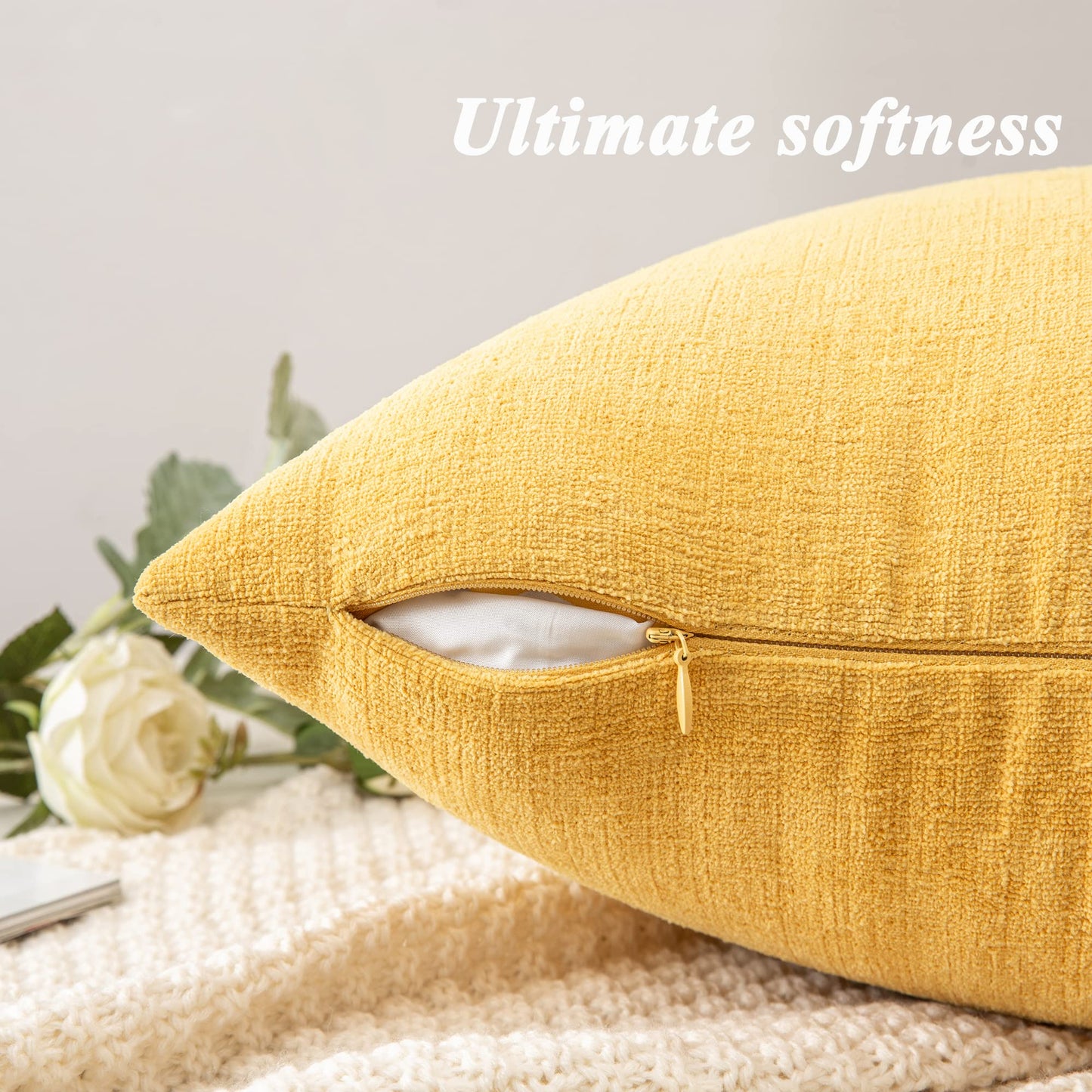 Decorative Square Throw Pillow Covers 20x20 Inch set of 2, Super Soft Chenille Farmhouse Pillowcase for Living Room Bedroom Sofa Couch Cushion Cover Gold Yellow 50x50cm/20x20 Inch
