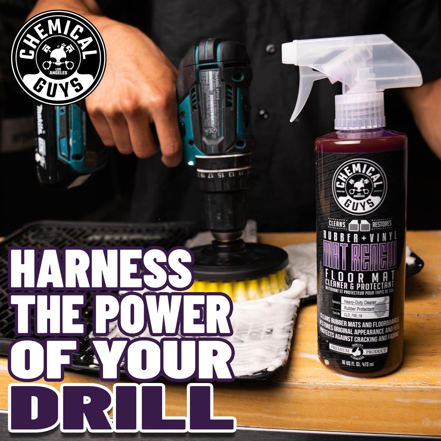 Chemical Guys HOL70016 Heavy Duty Floor Mat Cleaning Kit with Mat Renew Rubber + Vinyl Floor Mat cleaner and Protectant (16 fl oz), Drill Brush Attachment, & Workhorse Towels, 5 Item Kit