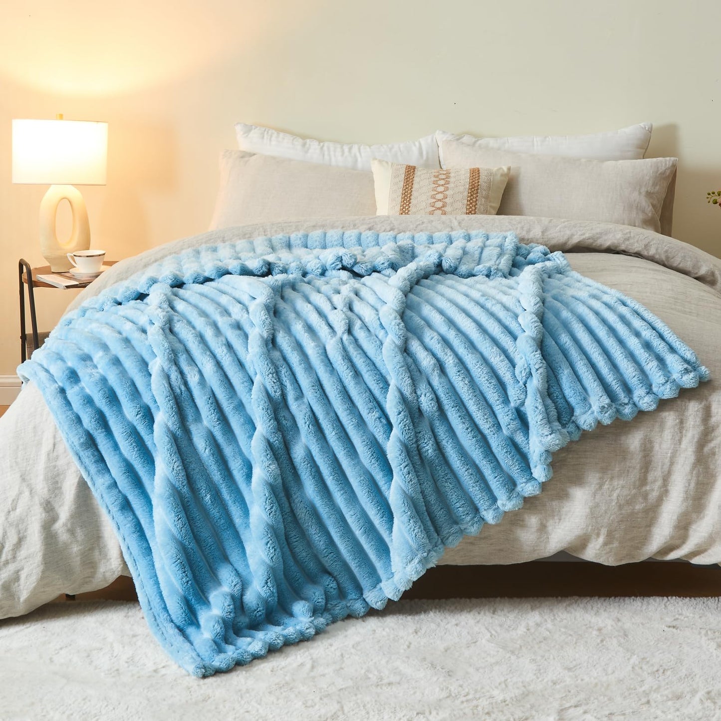 NEWCOSPLAY Super Soft Throw Blanket Blue Premium Silky Flannel Fleece 3D Ribbed Jacquard Lightweight Bed Blanket All Season Use (Blue Ribbed, Throw(50"x60"))
