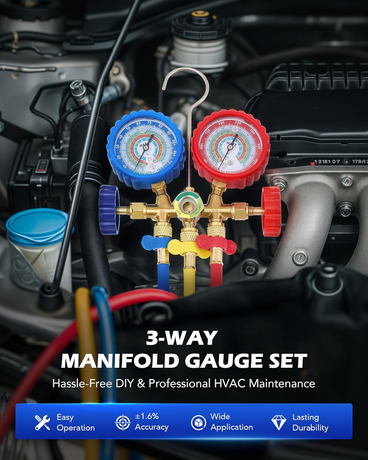 Orion Motor Tech AC Gauges, AC Manifold Gauge Set for R134a R12 R22 R502, 3 Way Automotive AC Gauge Set with Antishock Gauges Hoses Couplers Adapter, Puncturing Can Tap Freon Recharge Kit