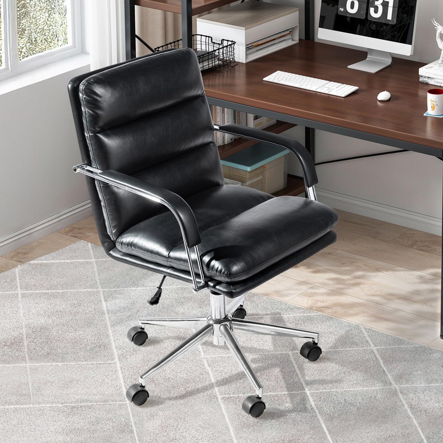 Glitzhome Ergonomic Office Chairs, PU Leather Desk Chair, Industrial Style Computer Chairs with Armrest, Adjustable Swivel Vanity Chair for Office, Living Room, Black