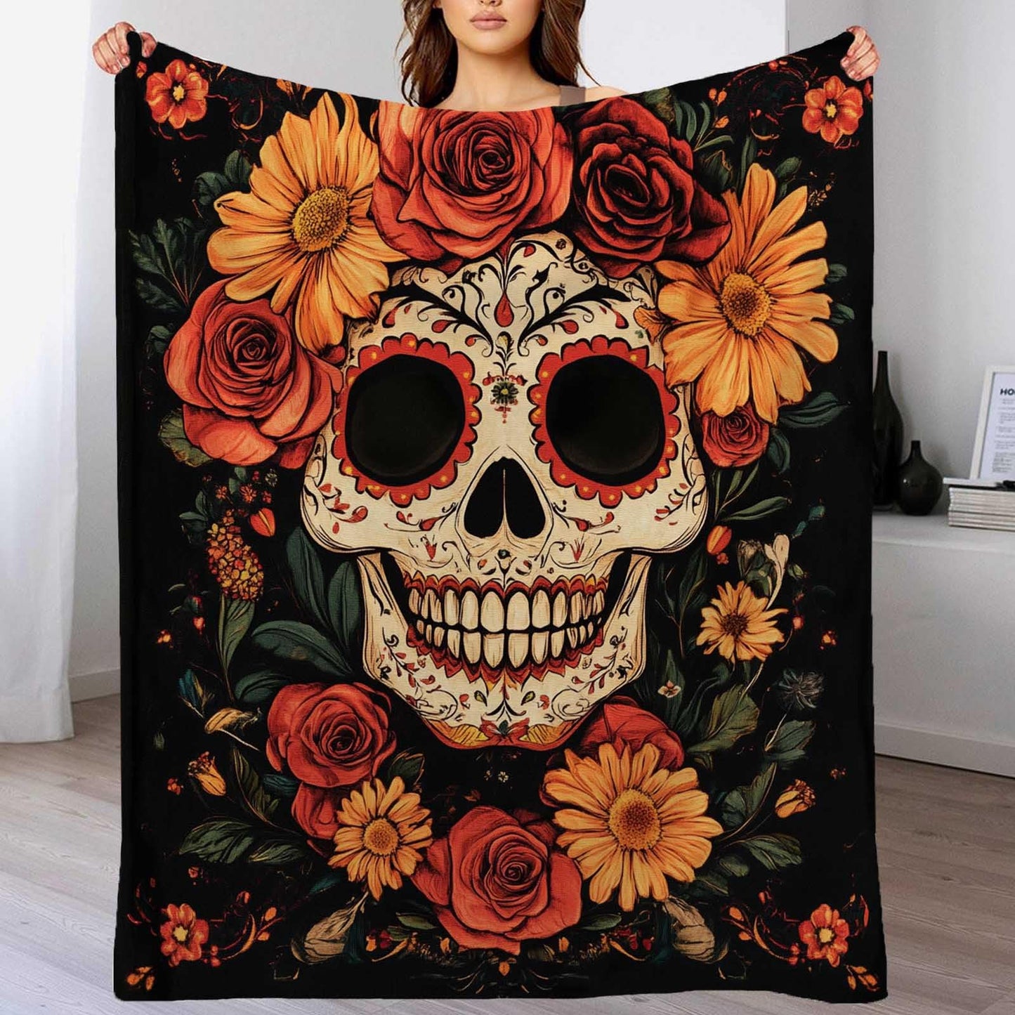 FexNuvko Sugar Skull Throw Blanket, Sugar Skull Gifts for Women, Day of The Dead Blanket, Soft Cozy Mexican Lightweight Fleece for Couch and Bed Room Decor, 50x60 Inches, 310 GSM, Single Side Printed