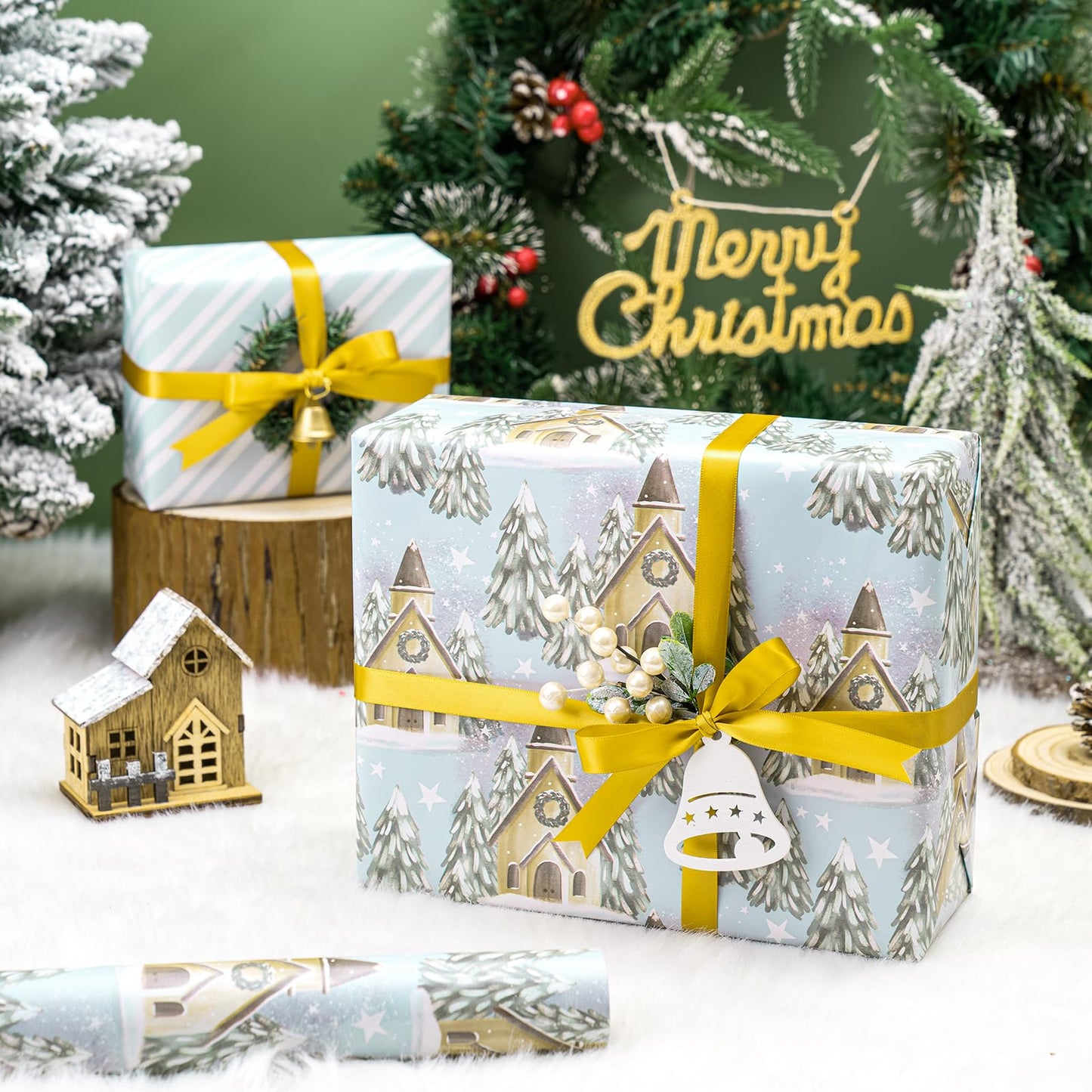 WRAPAHOLIC 30 Inch Jumbo Reversible Christmas Wrapping Paper - 30 Inch X 100 Feet Jumbo Roll Silver and White Christmas Tree and House Printed on Pearlized Paper