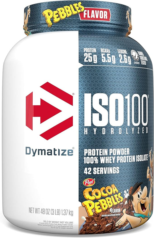 Dymatize x Cocoa Pebbles ISO100 Whey Protein Powder Isolate, 25g of Protein, 42 Servings, 5.5g BCAAs, 120 Cal., Gluten Free, 1g Fat, 1g Sugar, 2g Carb