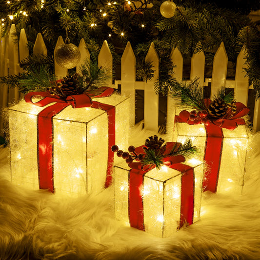 Elegear Christmas Lighted Gift Boxes, Christmas Decorations Indoor 8 Modes & Timer Function Set of 3 Plug-in Light Up Present Boxes with 60 LEDs Christmas Decor with Pine Cones for Holiday Party Xmas