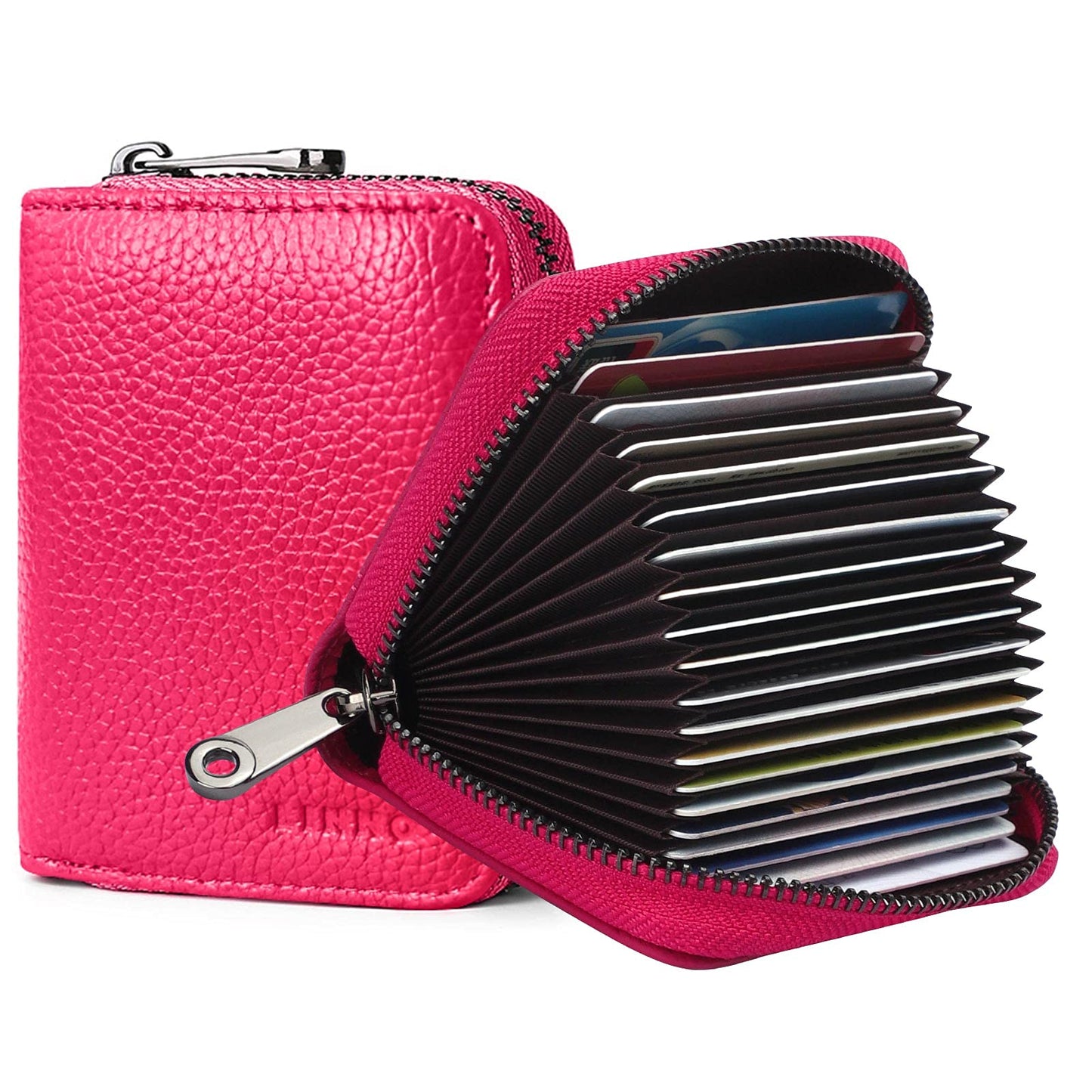 Linno RFID 20 Slots Credit Card Holder Genuine Leather Small Wallet for Women or Men with Zipper