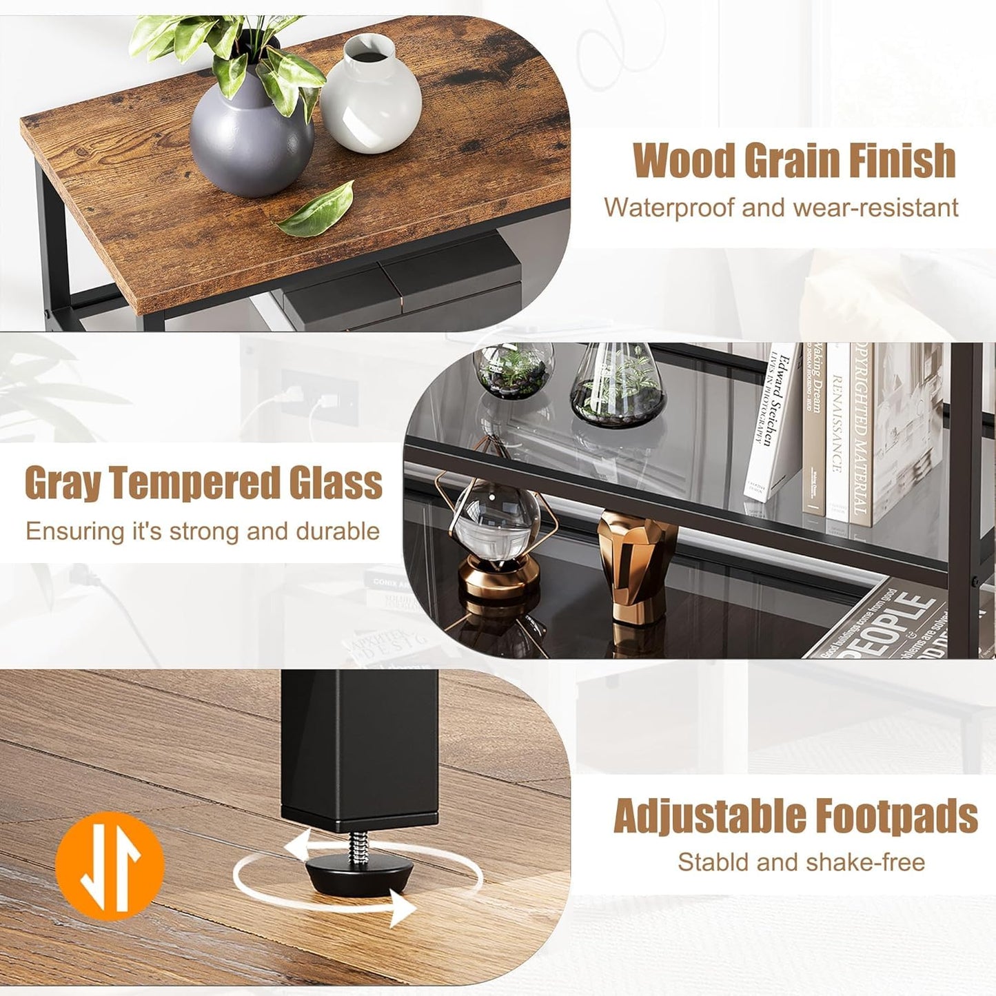 IDEALHOUSE 39.4" Console Table 4-Tier Narrow Entryway Table with Glass Storage Shelf and Metal Frame for Hallway, Living Room, Foyer, Bedroom, Corner Tables, Small Space Furniture, Rustic Brown